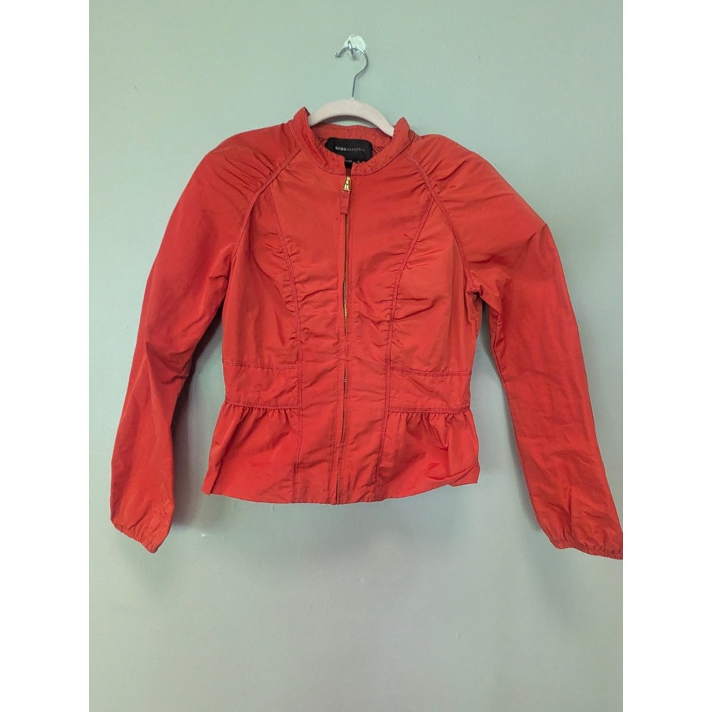 BCBGMAXAZRIA Saffron Jacket Womens M Orange Ruched Peplum Zip Front Y2K